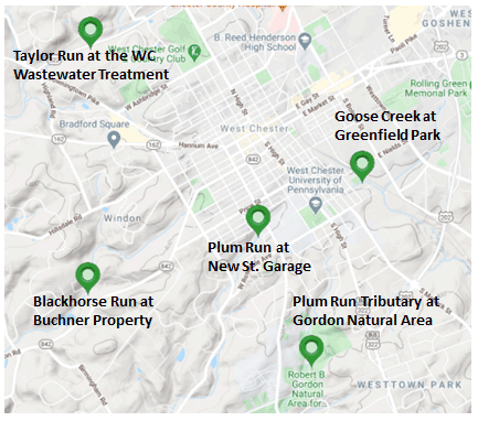 Map of five EnviroDIY Monitoring Stations in borough of West Chester, Pennsylvania.